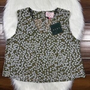 Buru Women's Size Large Floral Olive V Neck Sleeveless Mod Top Button Back